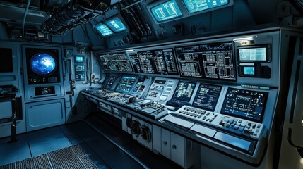 Obraz premium Control room with multiple screens and panels, likely for monitoring spacecraft or systems.