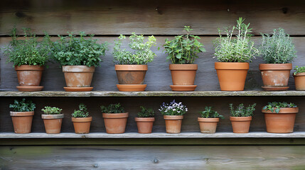 Fototapeta premium Close-up of various potted plants organized on a wooden shelf 
