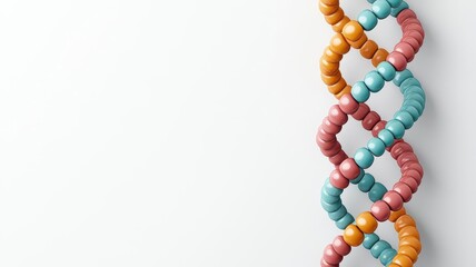 Obraz premium Closeup 3D rendering of a glowing DNA double helix, with vividly colored nucleotide base pairs A, T, C, G connected by hydrogen bonds, isolated on a white background