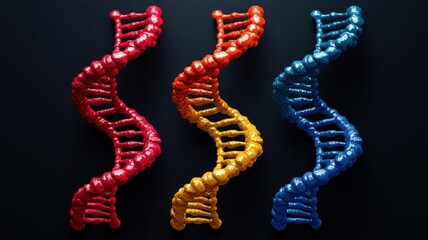 Obraz premium Closeup view of a DNA strand with individual nucleotide pairs A, T, C, G highlighted in vibrant neon colors, symbolizing the fundamental units of genetic coding
