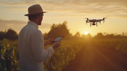 A person operates a drone over a vineyard at sunset, showcasing technology in agriculture.