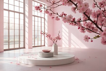 Elegant Minimalist Interior with Cherry Blossom Decor and Soft Natural Light