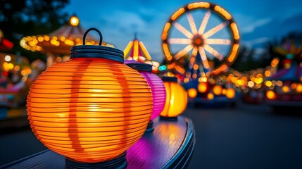 Fototapeta premium illuminated paper lanterns at amusement park - night photography