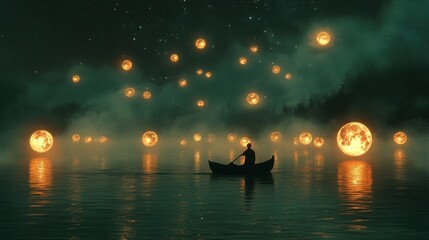 Surreal night scene of a man in a rowboat on a misty lake under a sky filled with glowing moons.