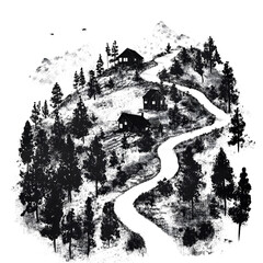 Fototapeta premium Forested Mountain Landscape with Cabins, Path, and Pine Trees on a transparent and white background