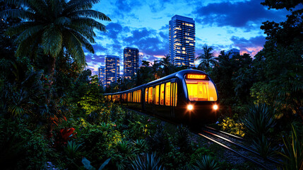 Fototapeta premium futuristic train travels through lush jungle, surrounded by tall buildings. vibrant cityscape contrasts with natural greenery, creating captivating scene