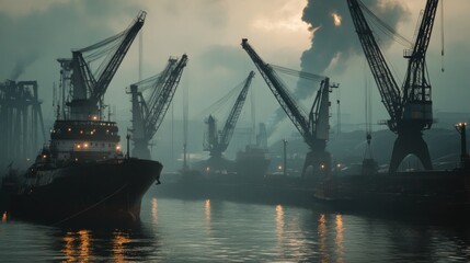 Obraz premium Silhouettes of Cranes and a Ship in a Foggy Harbor