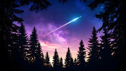 Fototapeta premium shooting star over silhouetted forest - celestial/cosmic imagery