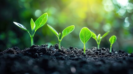 Fototapeta premium Vibrant green saplings emerge from rich soil showcasing new growth and potential for the future