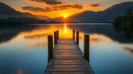 Fototapeta premium Golden Hour Reflection on Serene Lake with Wooden Dock, Golden Hour Outdoor Photography, New Year's day, New Year's Eve 