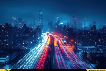 Obraz premium Urban Nighttime Traffic Highway with Car Speed and Motion Blur Effect during Evening Rush Hour