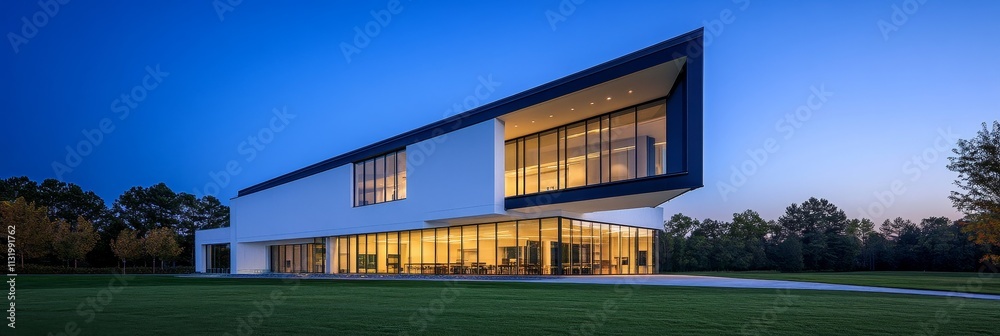 Poster modern illuminated building at dusk.