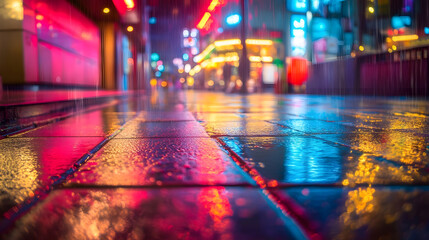 Obraz premium Rainy City Night Street Reflection: Vibrant Neon Lights & Wet Asphalt