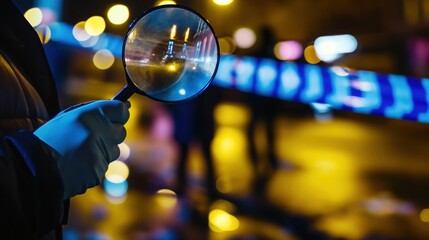 Detective examining a small clue with a magnifying glass over a blurred crime scene background. Crime story,finding clues, uncovering the truth, crime drama, thriller, detective novel
