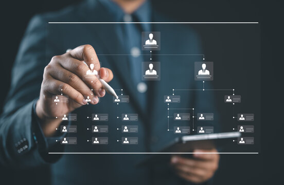 Business workflow process management concept. Digital transformation, Workflow automation system with data diagram of the hierarchical structure of departments in business organization.