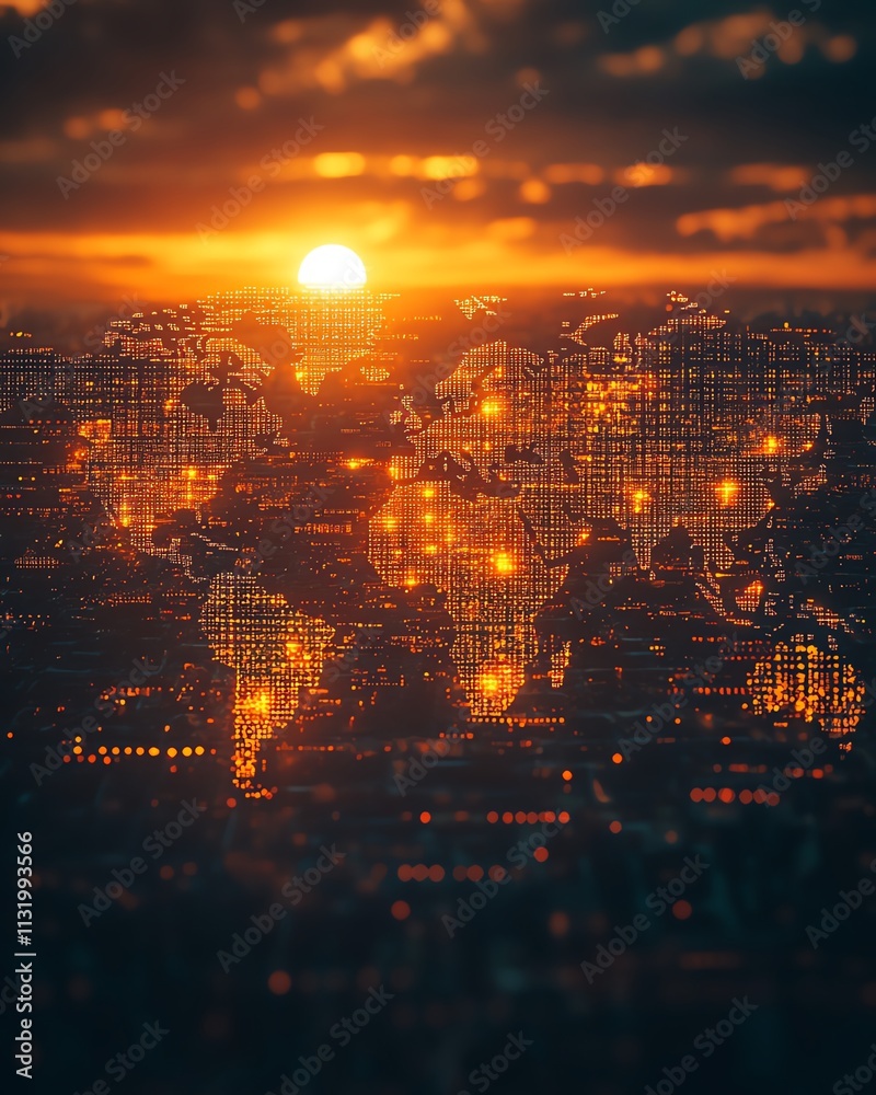 Aufkleber A world map radiating with the warmth of sunset light, adorned with intricate digital designs symbolizing global innovation