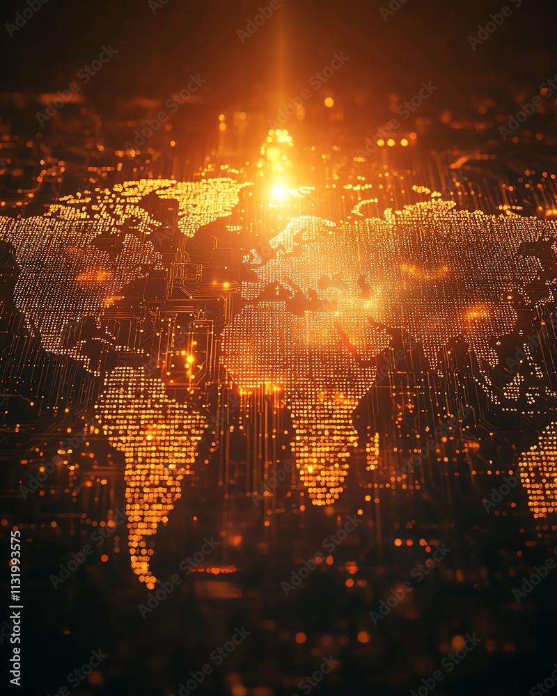 Poster a world map radiating with the warmth of sunset light, adorned with intricate digital designs symbol