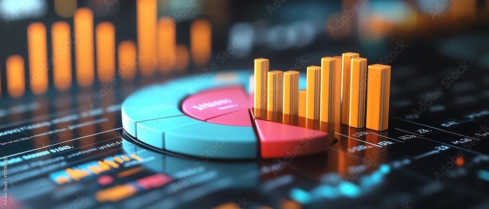 Fototapete an interactivestyle 3d pie chart with vivid shading, overlaying a detailed financial report containi