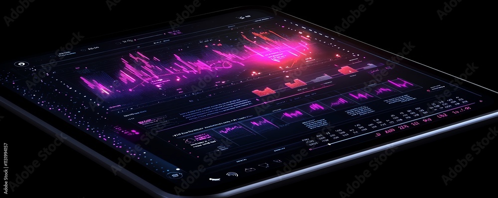 Poster A 3D digital data visualization on a tablet screen, showcasing realtime metrics, interactive graphs, and glowing data lines