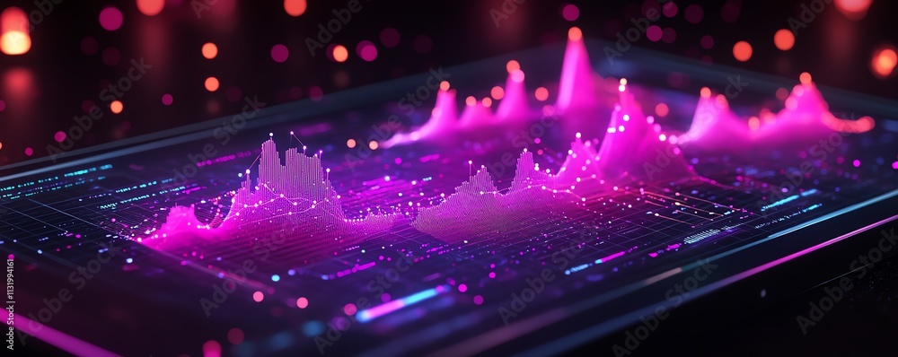 Poster A 3D digital data visualization on a tablet screen, showcasing realtime metrics, interactive graphs, and glowing data lines