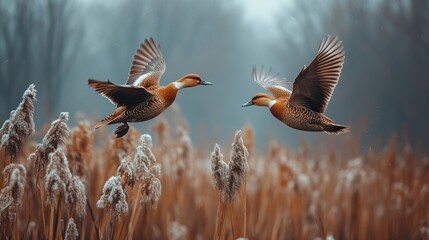 Two ducks in flight over tall grass.