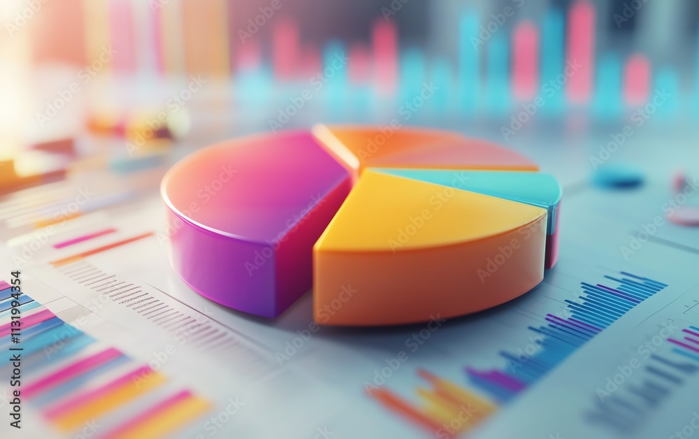 Poster A colorful 3D pie chart floating above a financial report background, with charts, graphs, and detailed statistics in high resolution