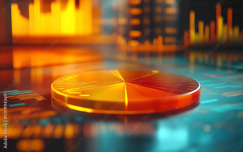 Poster A colorful 3D pie chart floating above a financial report background, with charts, graphs, and detailed statistics in high resolution