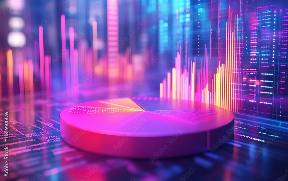 Poster A colorful 3D pie chart floating above a financial report background, with charts, graphs, and detailed statistics in high resolution