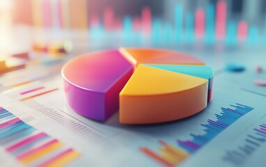 Fototapeta premium A colorful 3D pie chart floating above a financial report background, with charts, graphs, and detailed statistics in high resolution