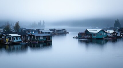 Misty Morning Over Tranquil Houseboats on Water