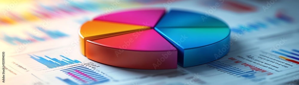 Fototapete A creative 3D pie chart with gradient colors, set on a professional financial report background adorned with data charts and graphs