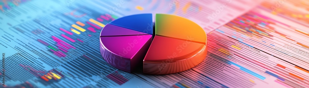 Poster A creative 3D pie chart with gradient colors, set on a professional financial report background adorned with data charts and graphs