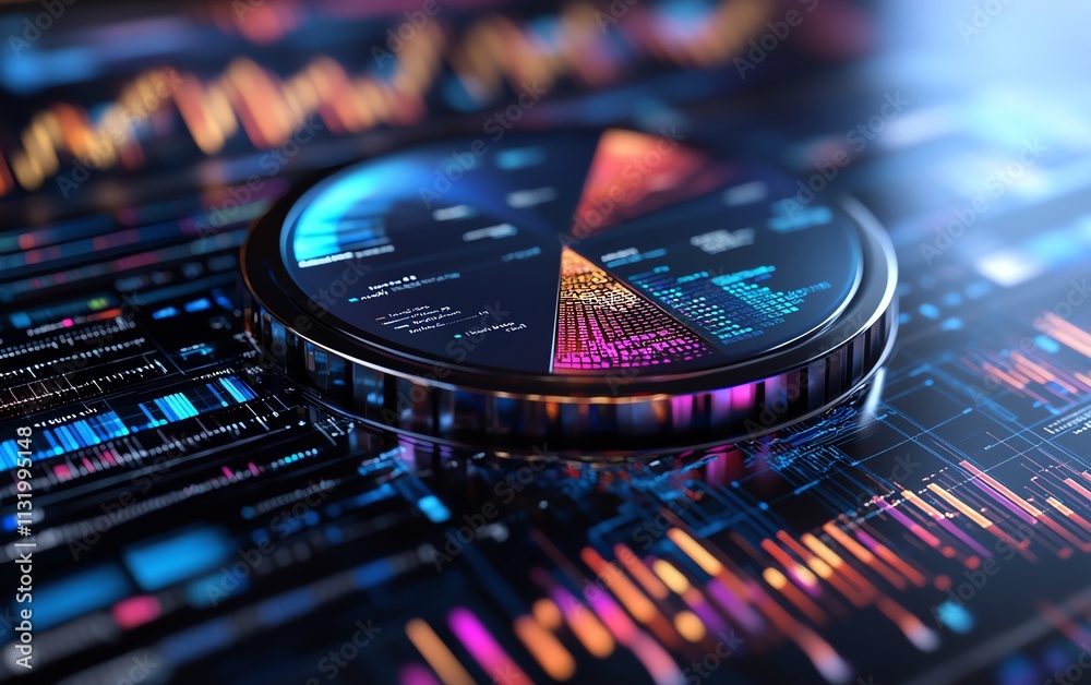 Aufkleber a futuristic 3d pie chart with metallic textures, displayed over a sophisticated financial report fi