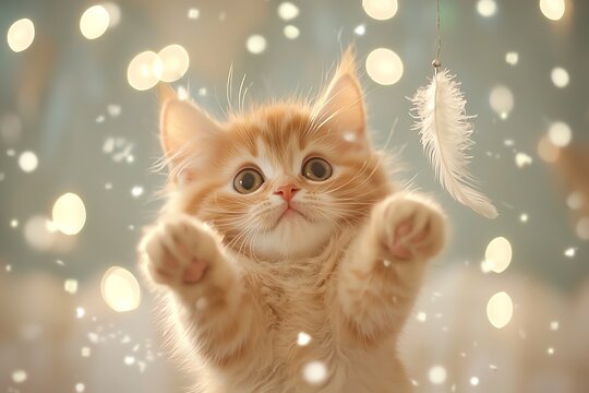 Cute ginger kitten playing with a feather surrounded by soft, glowing lights.