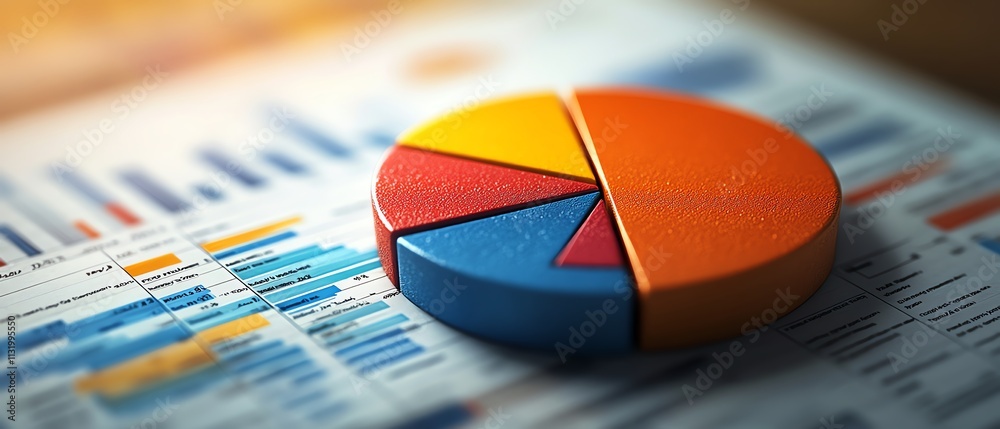 Poster A highdefinition 3D pie chart with realistic textures, integrated into a financial report backdrop showing growth and decline trends