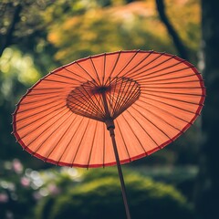 Orange Paper Parasol in a Lush Green Garden