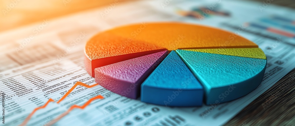 Poster A polished 3D pie chart with segmented clarity, resting on a financial report background with layered data and financial indicators