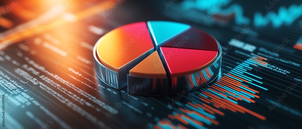 Poster A polished 3D pie chart with segmented clarity, resting on a financial report background with layered data and financial indicators