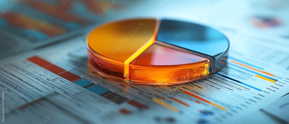 Poster A polished 3D pie chart with segmented clarity, resting on a financial report background with layered data and financial indicators
