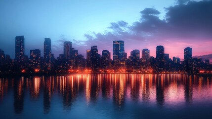 Obraz premium Hyper-Realistic Panoramic City Skyline at Dusk Illuminated by Towering Skyscrapers Reflecting on Calm Water