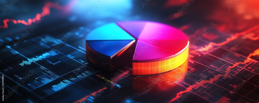 Leinwandbilder A realistic 3D pie chart with vibrant segments, placed on a detailed financial report background filled with graphs and data
