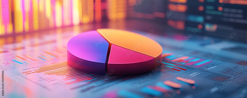 Fototapete A realistic 3D pie chart with vibrant segments, placed on a detailed financial report background filled with graphs and data