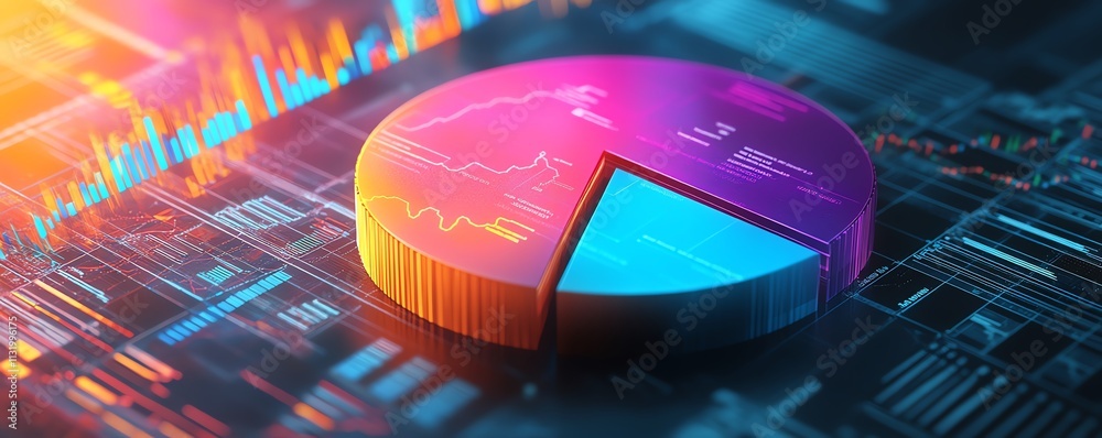 Leinwandbilder A realistic 3D pie chart with vibrant segments, placed on a detailed financial report background filled with graphs and data