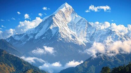 Majestic snow-capped mountain peak rises above clouds and valleys under a vibrant blue sky.