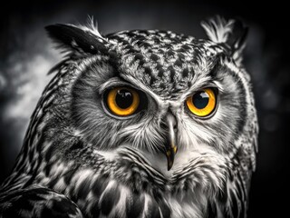 Fototapeta premium A captivating avian portrait: a majestic owl's face, sharply detailed in black and white.