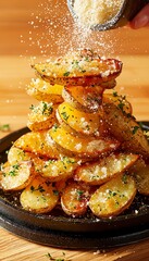 Golden roasted potatoes stacked high, garnished with herbs and topped with cheese.