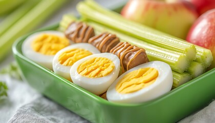 Healthy snack platter with boiled eggs, celery, apples, and peanut butter.