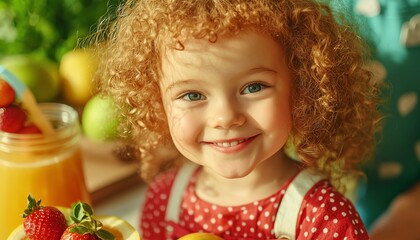 Happy child holding fresh fruits, promoting healthy eating and joy in cooking.