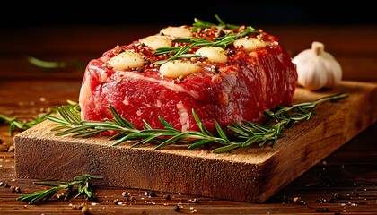 Raw beef steak garnished with herbs on a wooden cutting board.