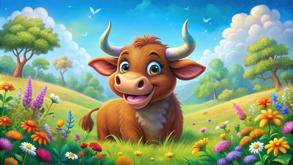 Fototapeta premium A delightful brown ox cartoon in a panoramic farm illustrationâ€”adorable wallpaper for animal lovers.